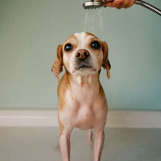 A small dog being rinsed in a grooming bath